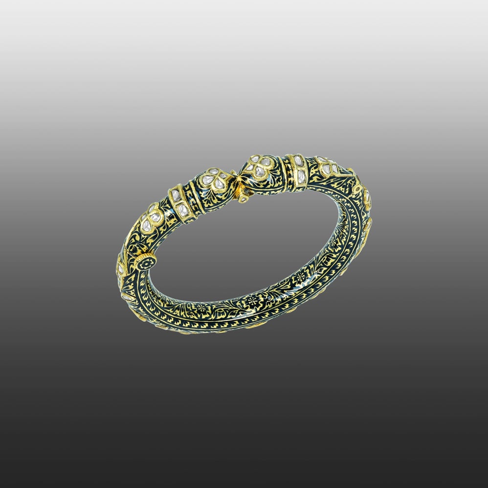 Polki Bangle with Black Enamel and Floral Motifs